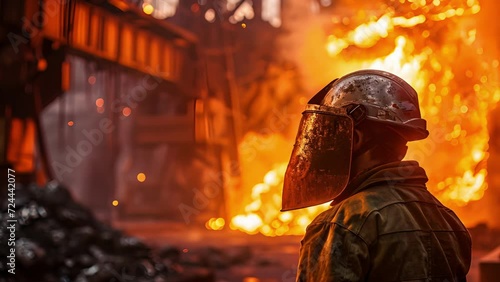 Standing in front of a massive furnace, a steelworkers face shield features a fiery glow from the molten steel inside. photo