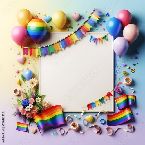 LGBT Colorful Celebration Frame with Rainbow Balloon and Vibrant Design Elements, Perfect for Invitations, Cards, and Party Decorations