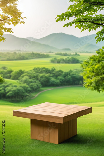 Plain wooden podium for product with green landscape background - Product showing