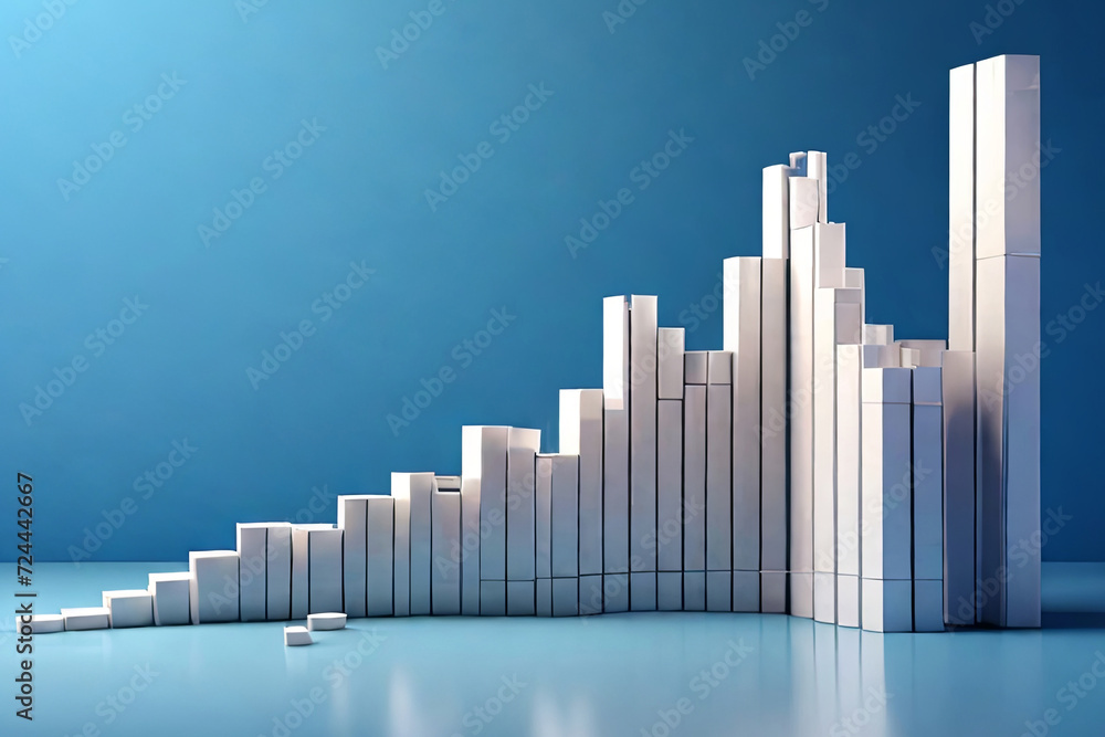 Elevate success visuals. White rising bar chart on blue backdrop signifies business growth, economic prosperity, and investment success. 3D illustration with copy space.
