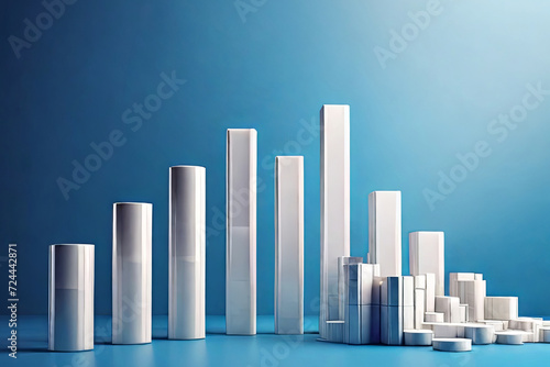 Elevate success visuals. White rising bar chart on blue backdrop signifies business growth  economic prosperity  and investment success. 3D illustration with copy space. 