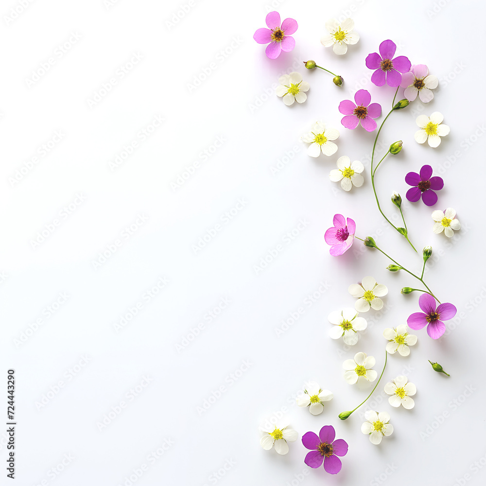 White pink purple soft flowers on blank background with copy space. Small blossom bouquet in spring by Generative AI