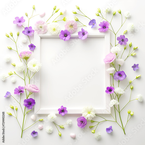 Beautiful decorated purple pink soft flowers on white background with blank photo frame. Sweet mockup blossom bouquet in spring by Generative AI