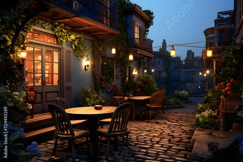 Street cafe in the old city at night. 3D rendering.