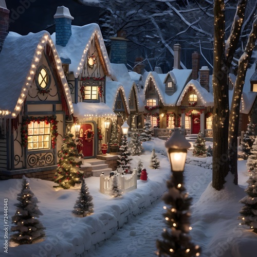 Christmas village in the snow with houses and lanterns at night.