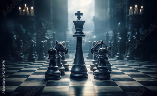 Set of chess pieces element stating on chessboard, queen rook. Cinematic lighting. Leadership, teamwork, partnership, business strategy, and decision concept. Generative Ai. photo