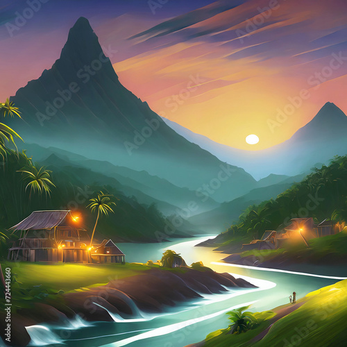 Tropical montain view with river and village in flat art design illustration