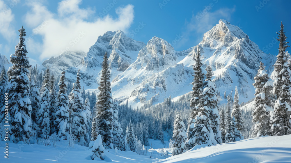 Fototapeta premium Winter landscape with snow mountain and pine trees with empty copy space background. Winter snow mountain landscape scene wallpaper with empty space for product showcase.