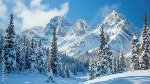 Winter landscape with snow mountain and pine trees with empty copy space background. Winter snow mountain landscape scene wallpaper with empty space for product showcase.