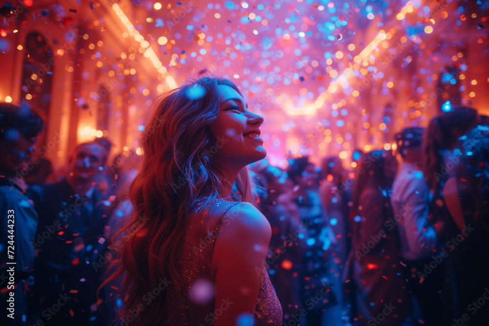 Joyful young woman smiling amidst a vibrant night party scene with confetti and balloons. Joyful young woman smiling amidst a vibrant night party scene with confetti and balloons.