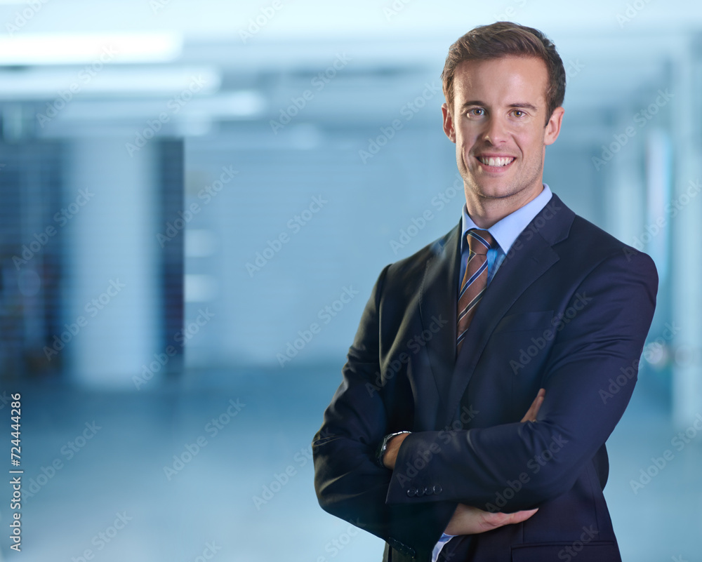 Portrait, smile and business man with arms crossed for pride in corporate career in office. Face, confidence and happy professional lawyer, attorney and consultant in suit at company in Australia Portrait, smile and business man with arms crossed for pride in corporate career in office. Face, confidence and happy professional lawyer, attorney and consultant in suit at company in Australia