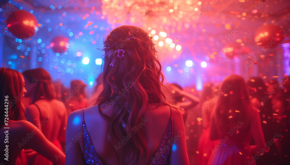 Rear view Joyful young woman smiling amidst a vibrant night party scene with confetti and balloons. Rear view Joyful young woman smiling amidst a vibrant night party scene with confetti and balloons.