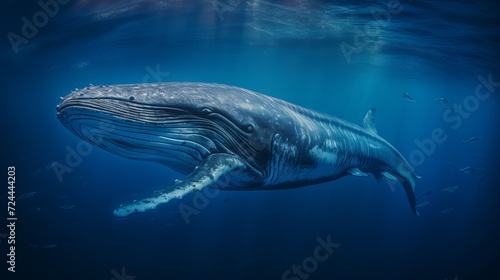 Close-up of a majestic blue whale in the deep ocean  showing its eye and baleen plates