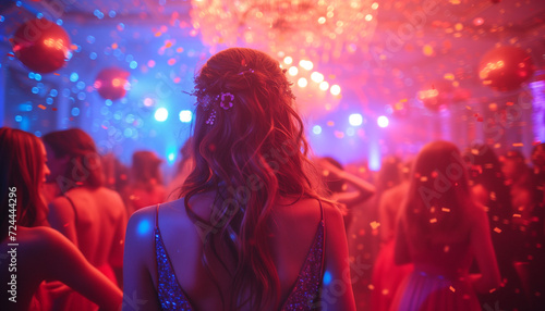 Rear view Joyful young woman smiling amidst a vibrant night party scene with confetti and balloons.
