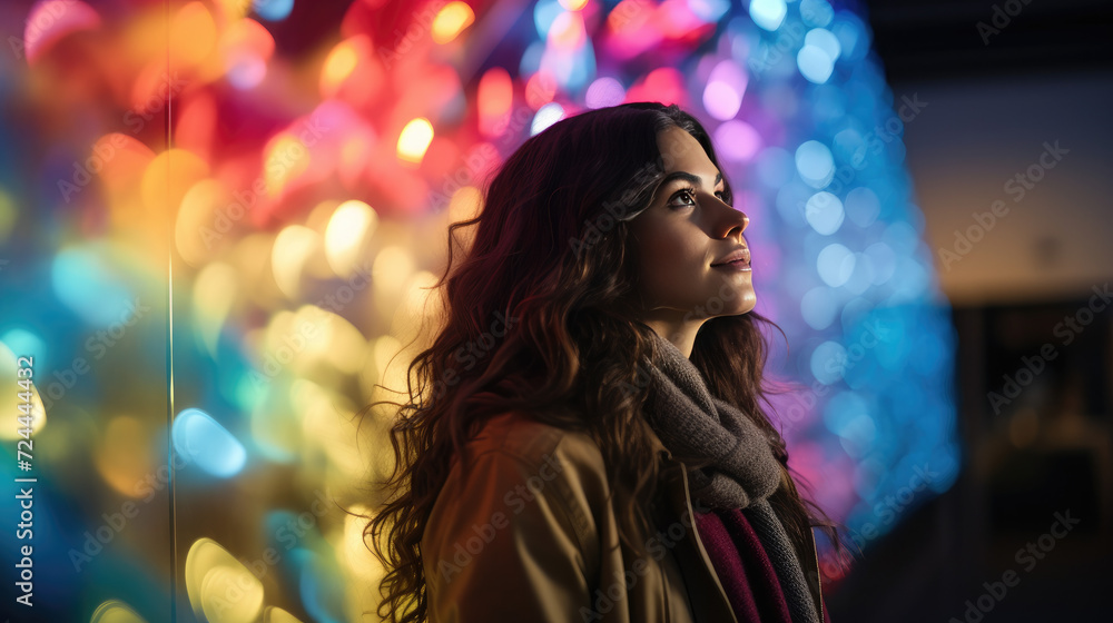 Cinematic Scene of Teen Girl Watching Colorful Ferris Wheel Lights Cinematic Scene of Teen Girl Watching Colorful Ferris Wheel Lights