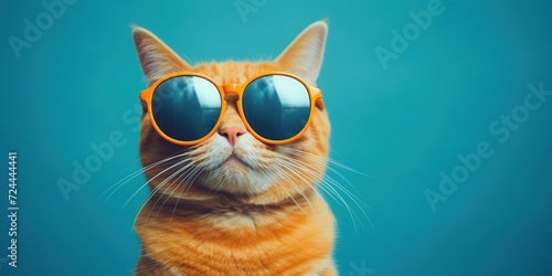 Portrait of a orange cat wearing orange sunglasses on blue background.