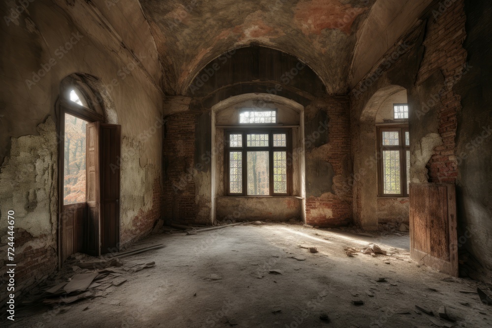 Abandoned ancient building interior hall. Stone ruin history construction inside. Generate Ai