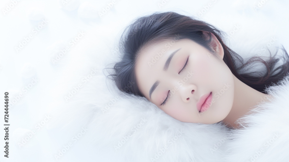 Shot view of attractive asian young woman sleeping well in bed hugging soft white pillow. Lady enjoys fresh soft bedding linen and mattress in bedroom.
Shot view of attractive asian young woman sleeping well in bed hugging soft white pillow. Lady enjoys fresh soft bedding linen and mattress in bedroom.