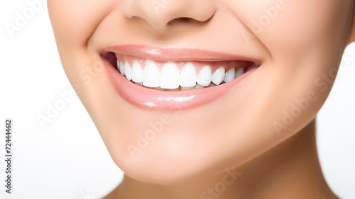 Closeup of beautiful smile with white teeth. Woman mouth smiling. Dental clinic patient. Stomatology concept. 
