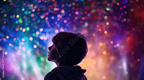 Minimalistic Scene of a Teen Boy Watching Rainbow Lights at Night