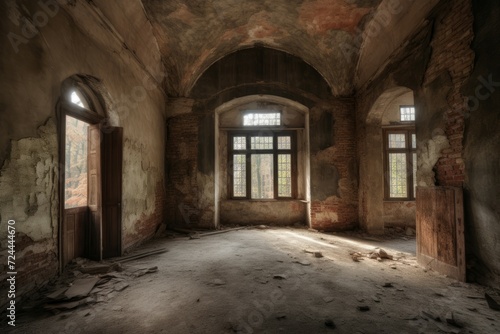 Abandoned ancient building interior hall. Stone ruin history construction inside. Generate Ai