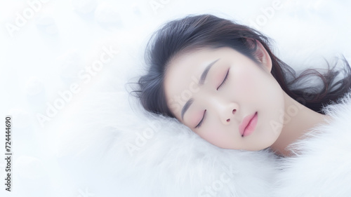 Shot view of attractive asian young woman sleeping well in bed hugging soft white pillow. Lady enjoys fresh soft bedding linen and mattress in bedroom. 