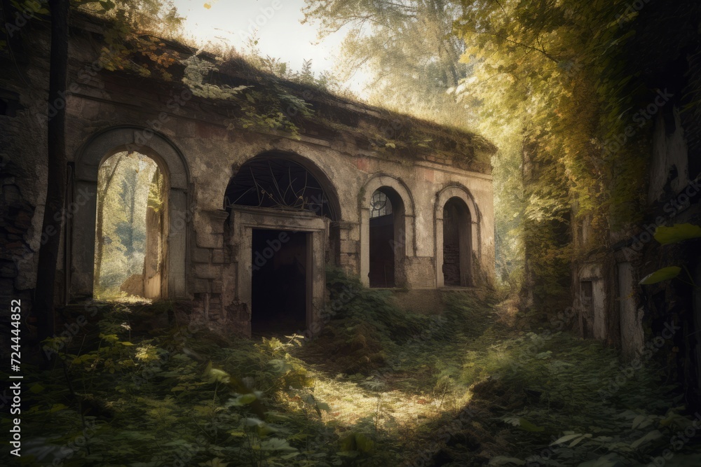 Abandoned ancient building in green forest. Castle empty ruin dark travel hall. Generate Ai