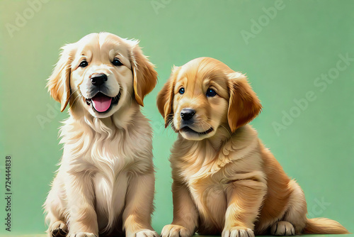 Two golden retriever labrador puppy dog sitting on green background