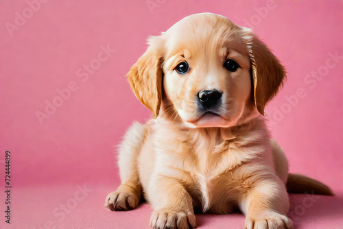 Golden retriever labrador puppy dog sitting on pink background