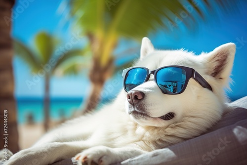 Siberian husky dog in sunglasses on the beach with palm trees