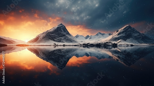 Galactic Twilight: Mountain Range with Reflective Sunset and Milky Way
