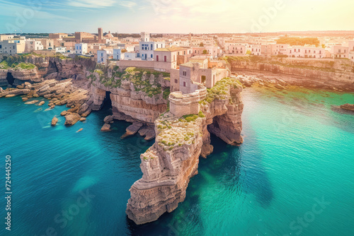 aerial view Spectacular spring cityscape of Polignano a Mare town, Puglia region, Italy, Europe