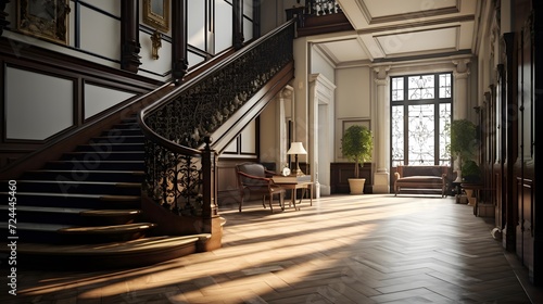Luxury interior of a classic house with wooden stairs in the evening