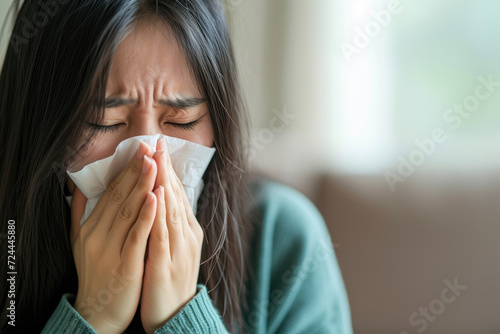 asian Female with nasal tissue and sneezing due to allergies, cold, or flu in living area 