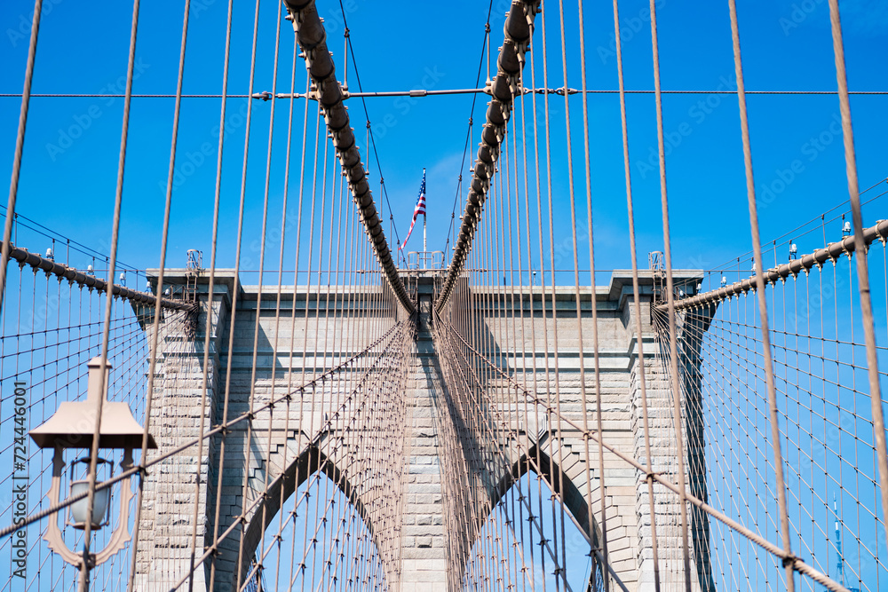 Fototapeta premium New York bridge connecting Manhattan and Brooklyn. Brooklyn landmark. Brooklyn bridge in New York. Architecture of historic bridge in Brooklyn. Bridge of New York city