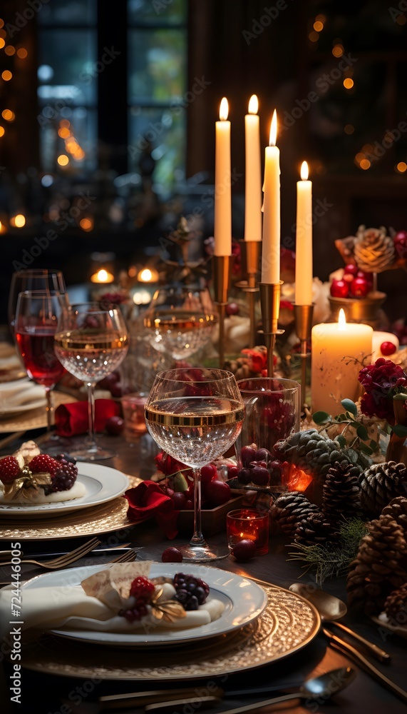Christmas table setting with candles and christmas decorations. Selective focus.