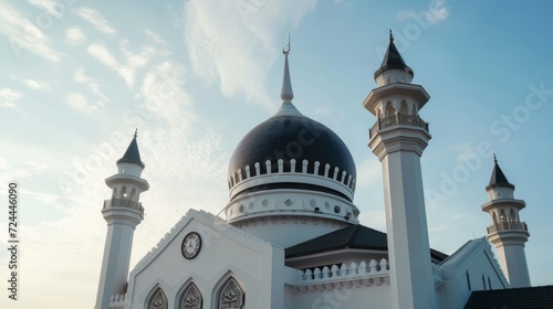 a white and black mosque with a white dome and a clock on the top background ramadan     