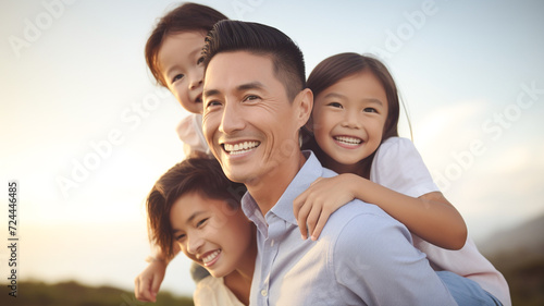 Young asian father giving young children piggyback rides smiling.

