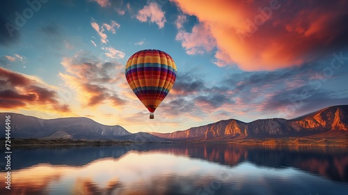 A colorful hot air balloon soaring over a scenic landscape