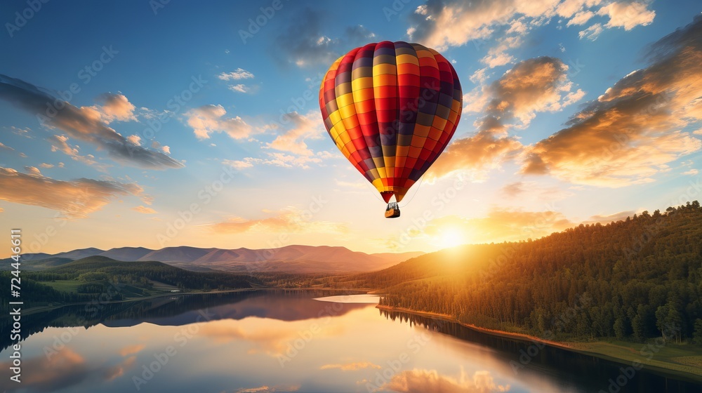 Fototapeta premium A colorful hot air balloon soaring over a scenic landscape