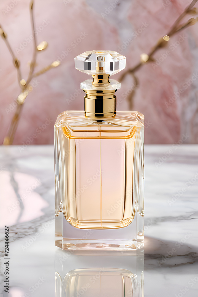 A delicately crafted perfume bottle and cream cup, slender with golden accents, on a marble countertop against a soft pastel background, capturing the bottle's intricate design, elegance A delicately crafted perfume bottle and cream cup, slender with golden accents, on a marble countertop against a soft pastel background, capturing the bottle's intricate design, elegance