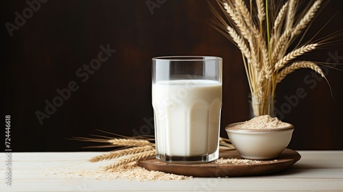 Oat milk in a glass bottle and in a glass, oat flakes on a dark background. A healthy vegan non-dairy organic drink with cereal. Lactose-free milk, an alternative for milk.