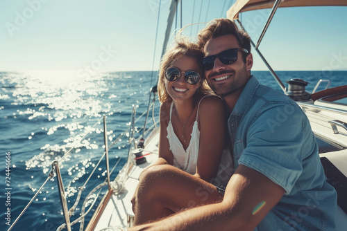 Attractive couple on a yacht enjoy bright sunny day on vacation