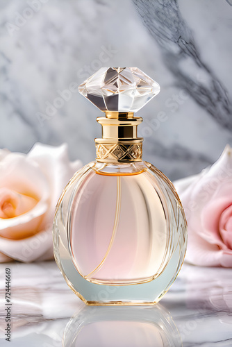 A delicately crafted perfume bottle and cream cup, slender with golden accents, on a marble countertop against a soft pastel background, capturing the bottle's intricate design, elegance