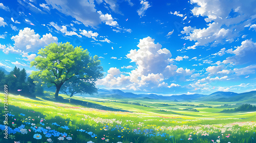 綺麗な青空と田舎のイラスト