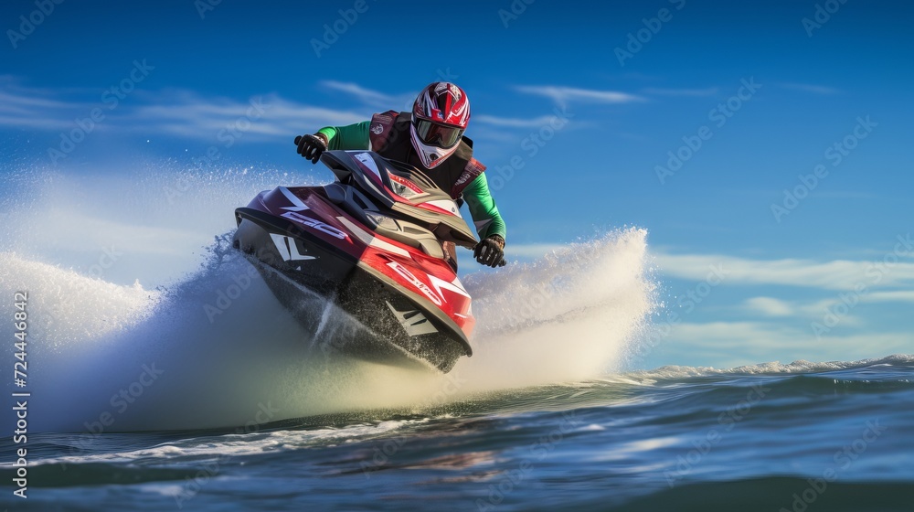 A jet ski rider enjoying the thrill of a big wave in the ocean