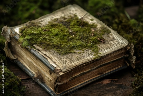 Ancient book moss. Nature green ancient grove park. Generate Ai