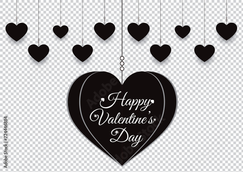 Black heart icons set. Valentine's day decoration. Valentine's day seamless banner or border. Hanging hearts seamless border isolated on transparent background . Hearts garland. 
