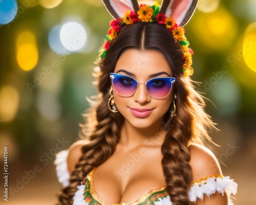 Beautiful young woman in Bavarian costume with rabbit ears on bokeh background