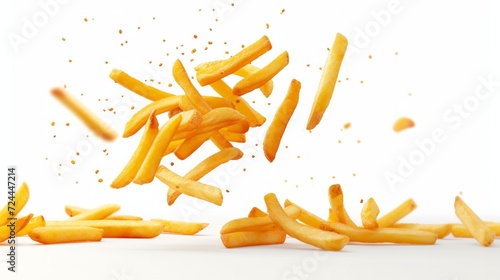 french fries levitate on a white background 